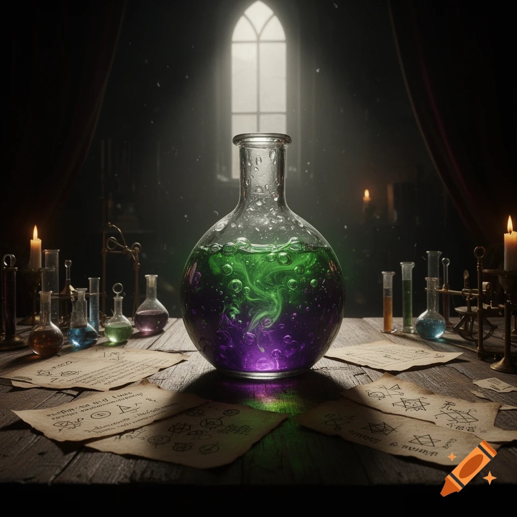 A large, glowing round potion bottle with swirling green and purple liquid sits on a wooden table. Surrounded by smaller beakers, lit candles, and old papers with magical symbols in a dark, mysterious alchemist's lab, with an arched window in the background.
