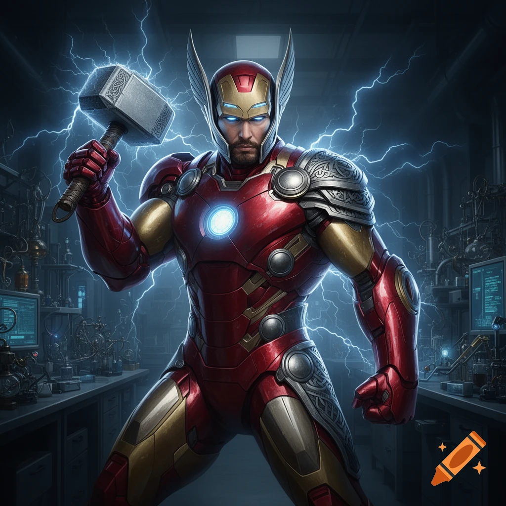 An Iron Man and Thor fusion superhero in a red and gold suit with a winged helmet, holding Mjolnir amidst lightning in a futuristic laboratory.