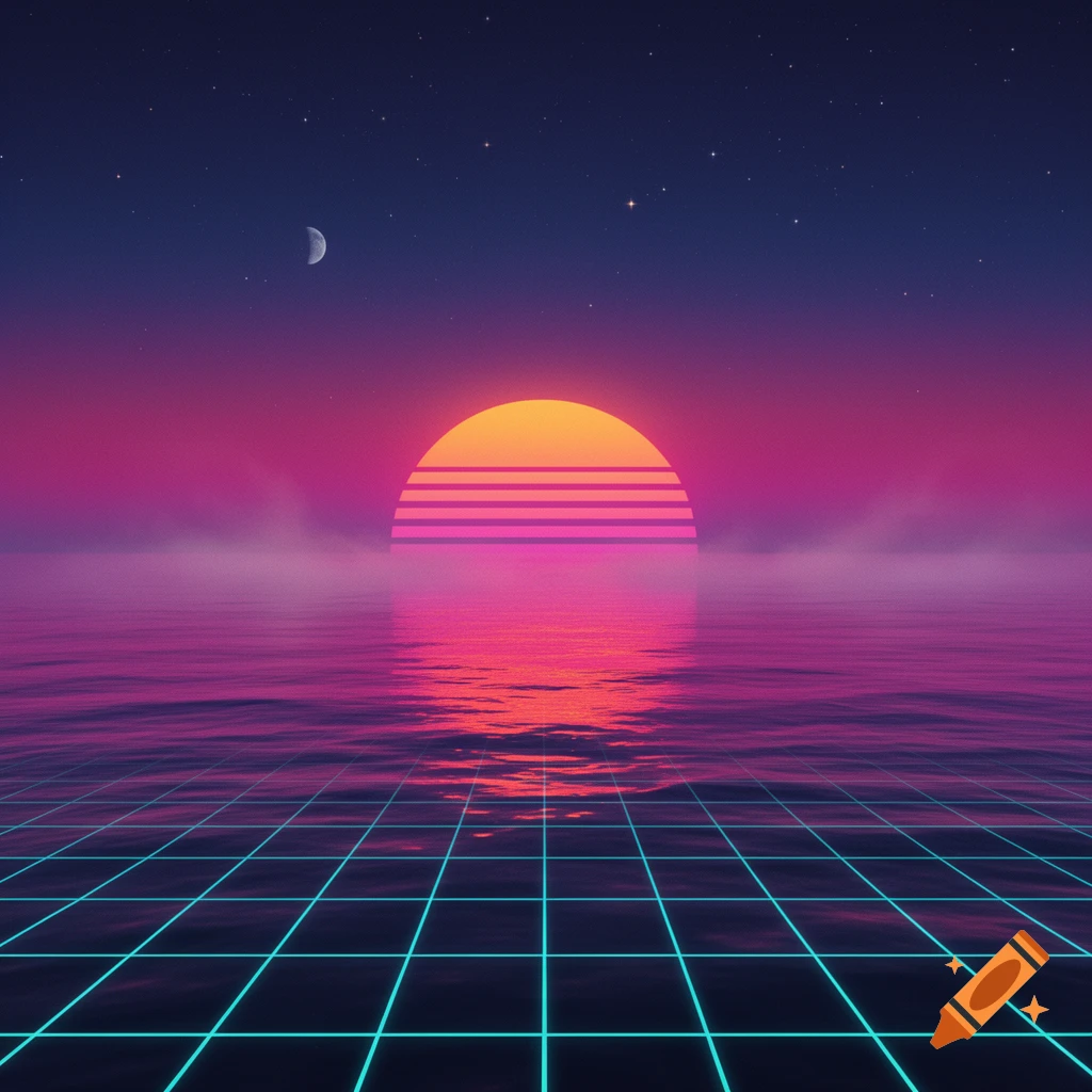 Synthwave landscape featuring a striped neon sunset over a reflective ocean, a glowing grid, and a starry night sky with a crescent moon.