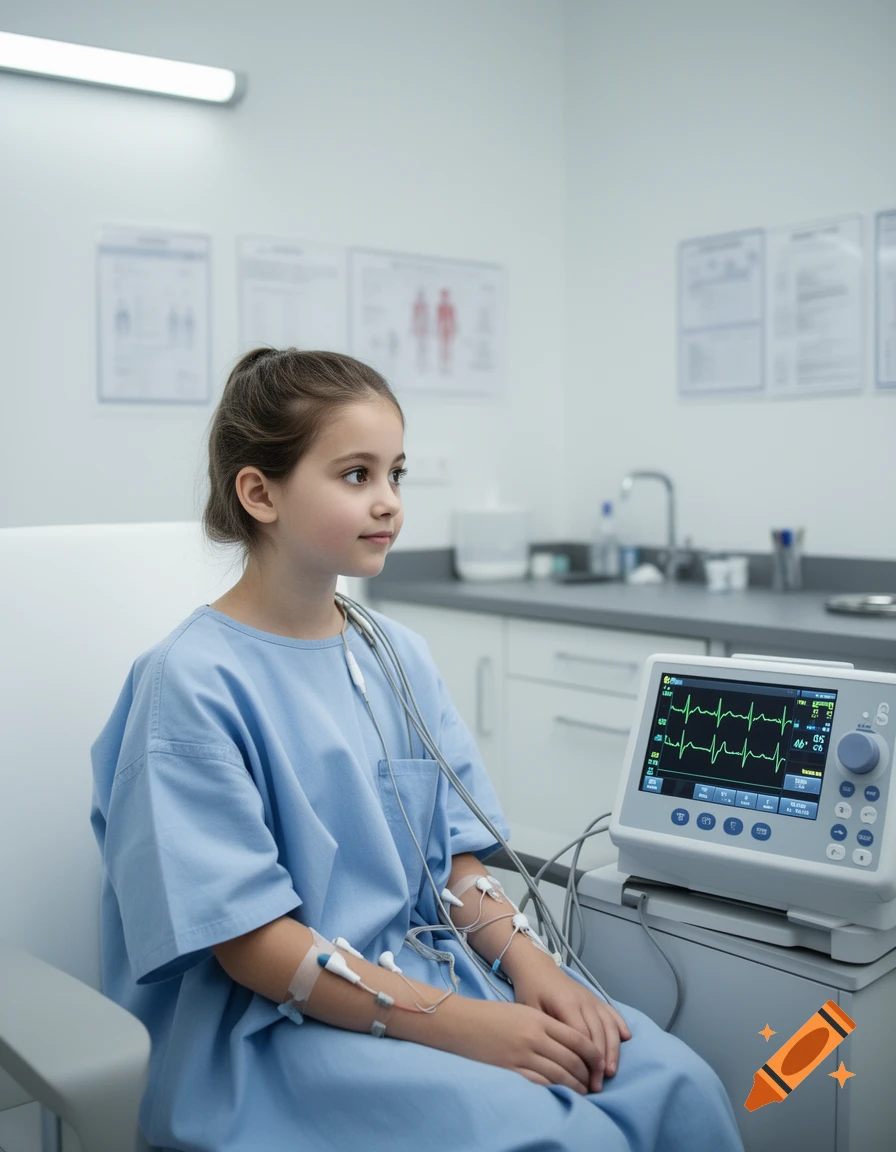 A young girl in a blue hospital gown sits in a medical room with electrodes connected to her arm and chest, next to an ECG monitor.