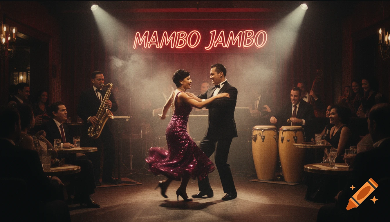 A glamorous couple mambo dances in a smoky vintage jazz club with a band under a 'MAMBO JAMBO' neon sign, film noir style.