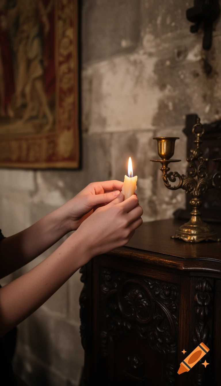 Hands gently hold a lit candle next to an ornate brass candelabra on a wooden cabinet, with a tapestry and stone wall in the background.