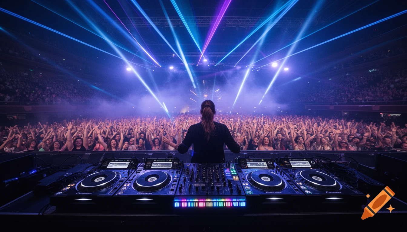 A DJ on stage, viewed from behind, performing to a massive crowd with hands raised under blue and purple laser lights.