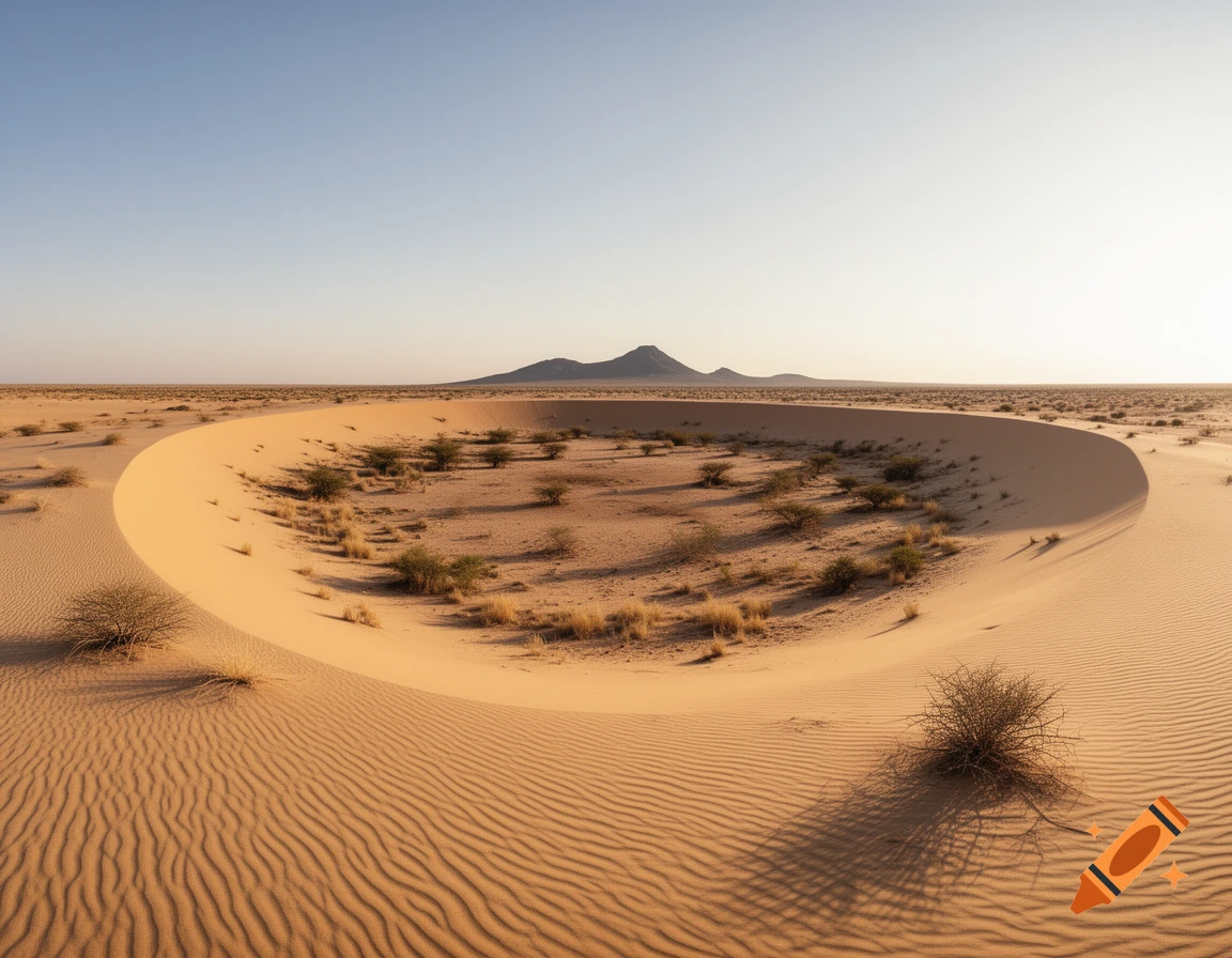 A vast desert landscape with a crescent-shaped sand dune, rippled sand, sparse bushes, and distant mountains under a clear sky.