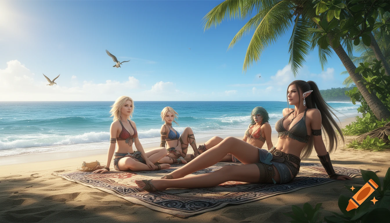 Four photorealistic female fantasy characters in swimwear relax on a tropical beach with palm trees and ocean.