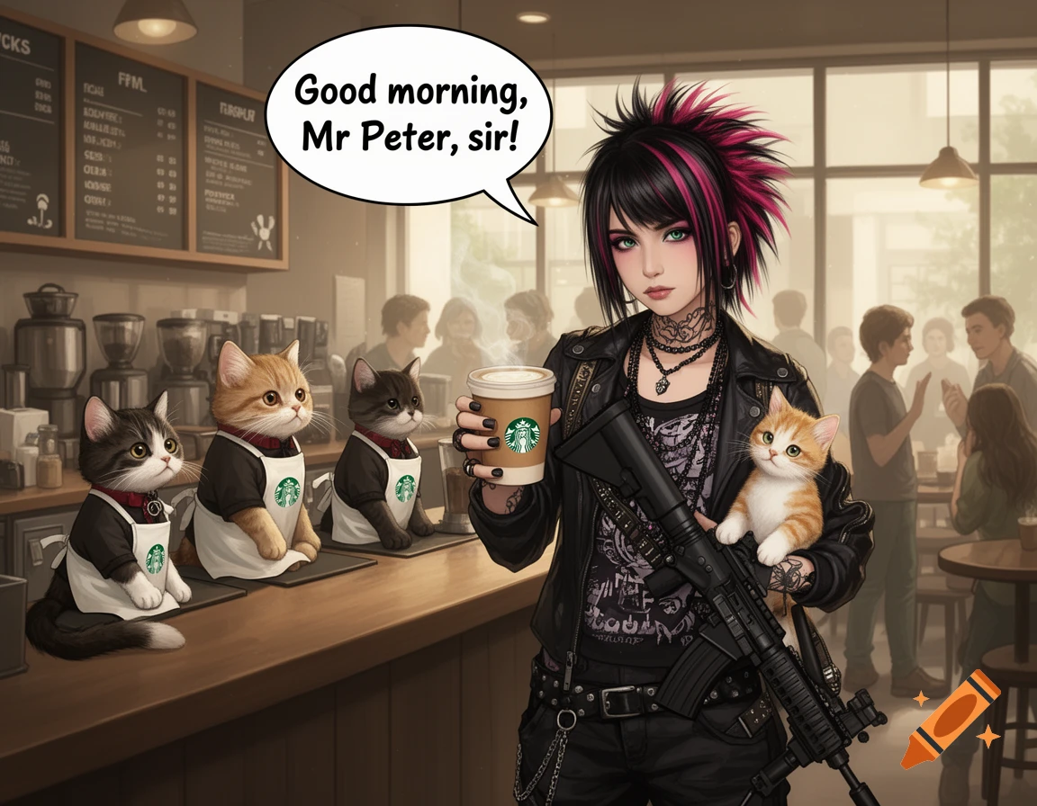An anime-style woman in emo fashion with an AR-15 and a kitten says "Good morning, Mr Peter, sir!" at a Starbucks with cat baristas.
