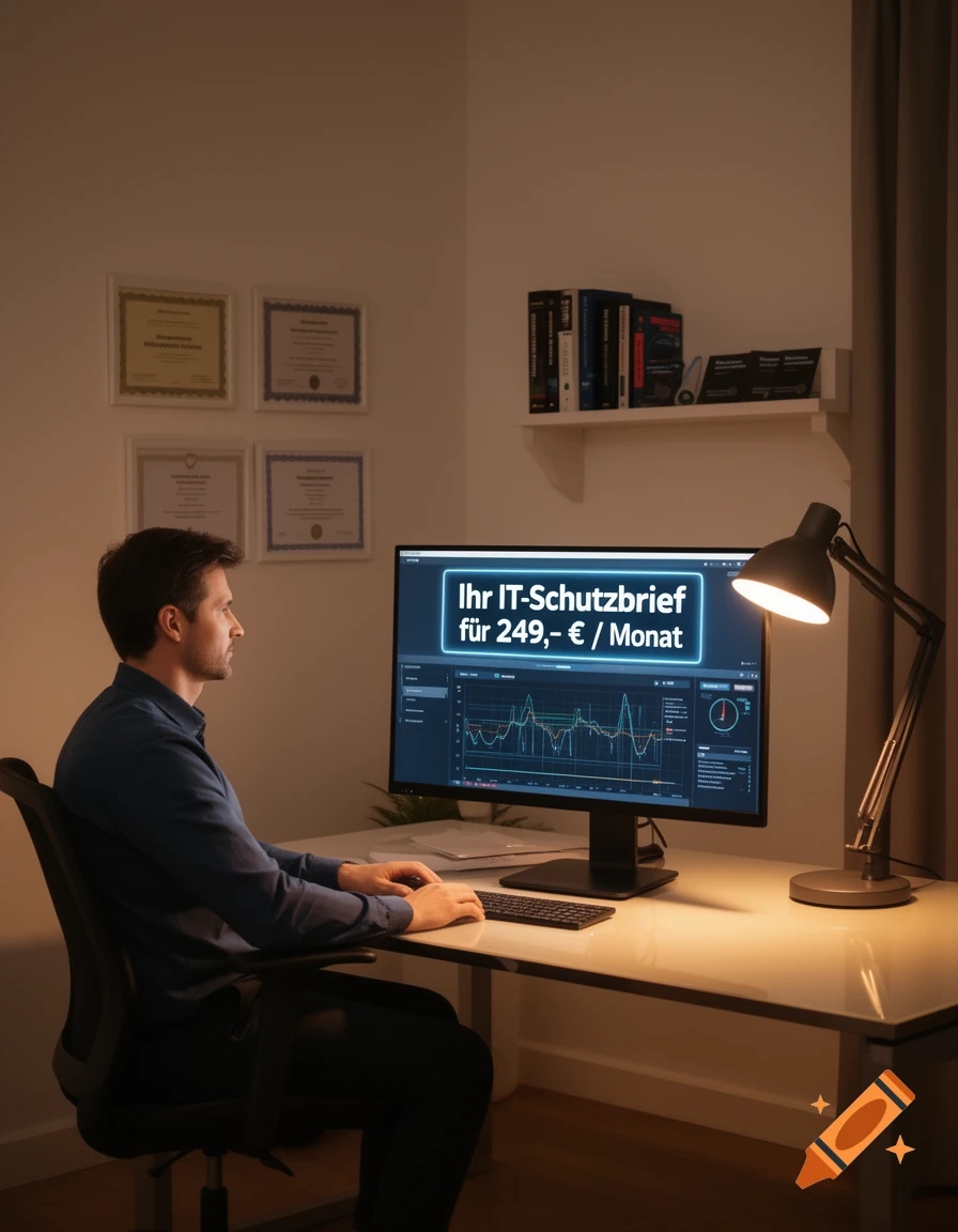 A man sits at a desk in a dimly lit office, focused on a computer screen displaying IT-related data and text.