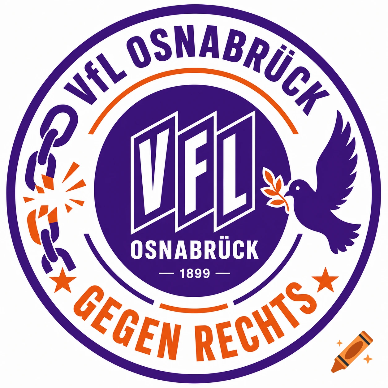 Logo for VfL Osnabrück featuring a broken chain, a dove with an olive branch, and the text 'VfL OSNABRÜCK GEGEN RECHTS' (Against the Right) in purple, orange, and white.