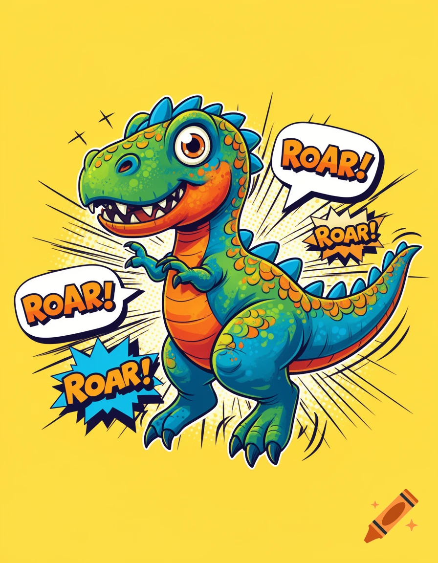 A smiling green and blue cartoon dinosaur with large eyes roars, surrounded by "ROAR!" speech bubbles and comic-style lines on a yellow background.