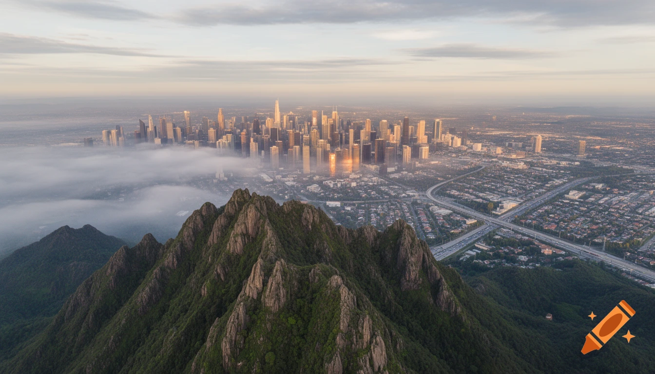 Aerial view of a modern city skyline with skyscrapers emerging from fog, overlooking lush, jagged mountains in the foreground.