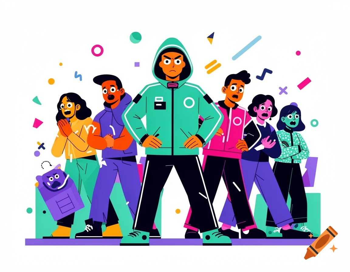 A group of stylized characters in Corporate Memphis style, with a determined leader in a teal hoodie and others showing apprehension.
