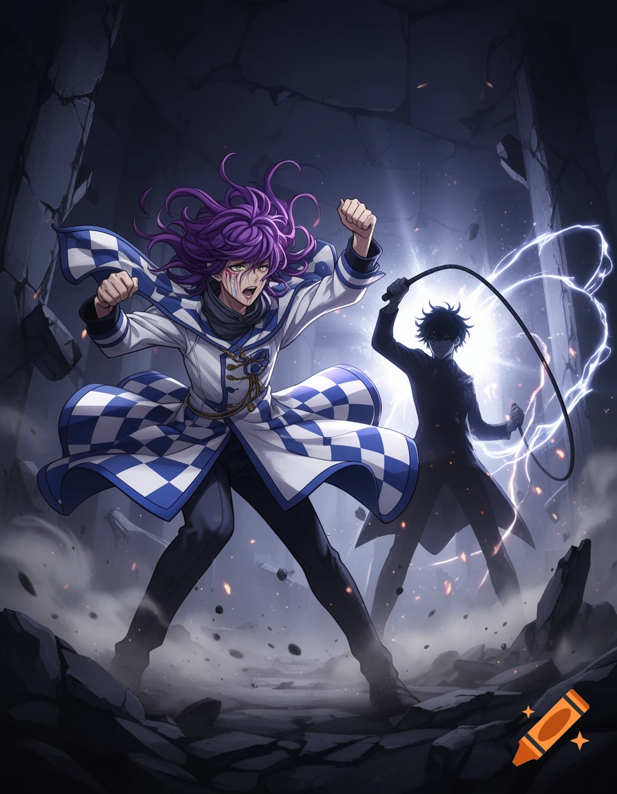 An anime character with purple hair and a checkered coat screams in distress, while a shadowy figure with an electric whip looms behind him in a ruined environment.