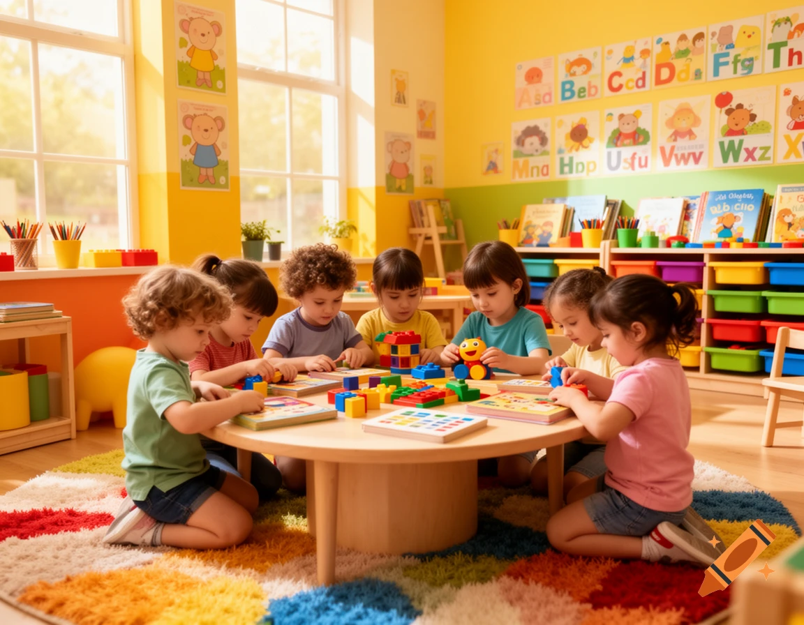 Group of young preschool children playing with colorful building blocks and toys at a round table in a brightly lit classroom, photorealistic style.