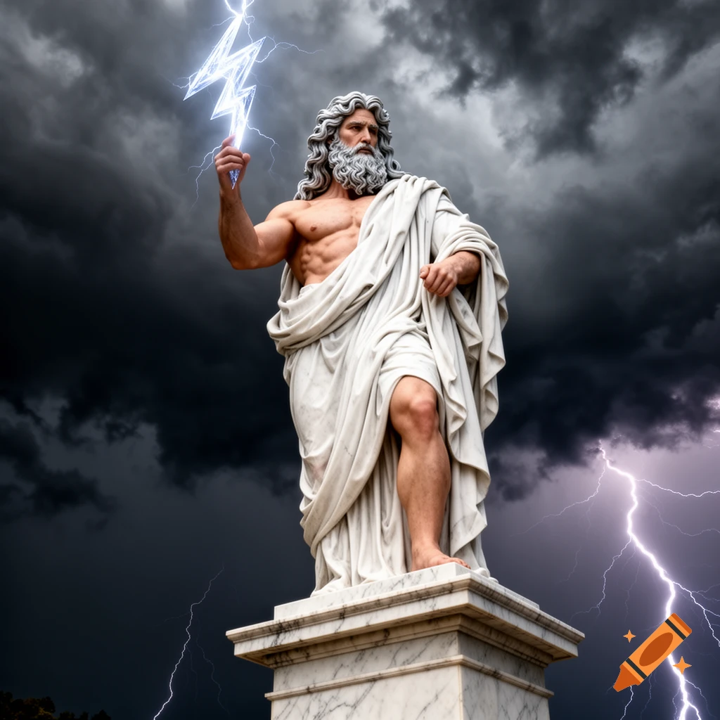 Photorealistic statue of Zeus holding a lightning bolt against a dark, stormy sky.