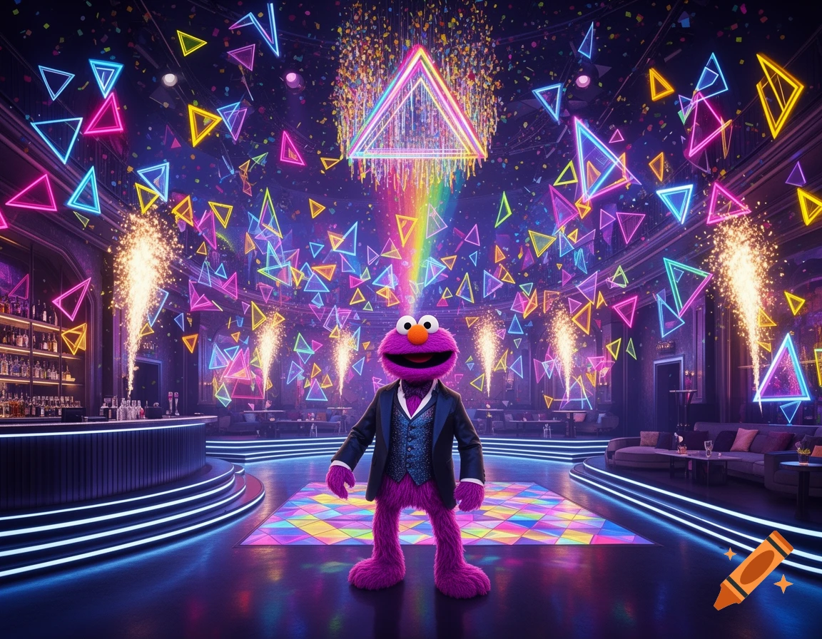 A purple, Elmo-like monster in a suit on a colorful dance floor in a vibrant neon club with glowing triangles and pyrotechnics.