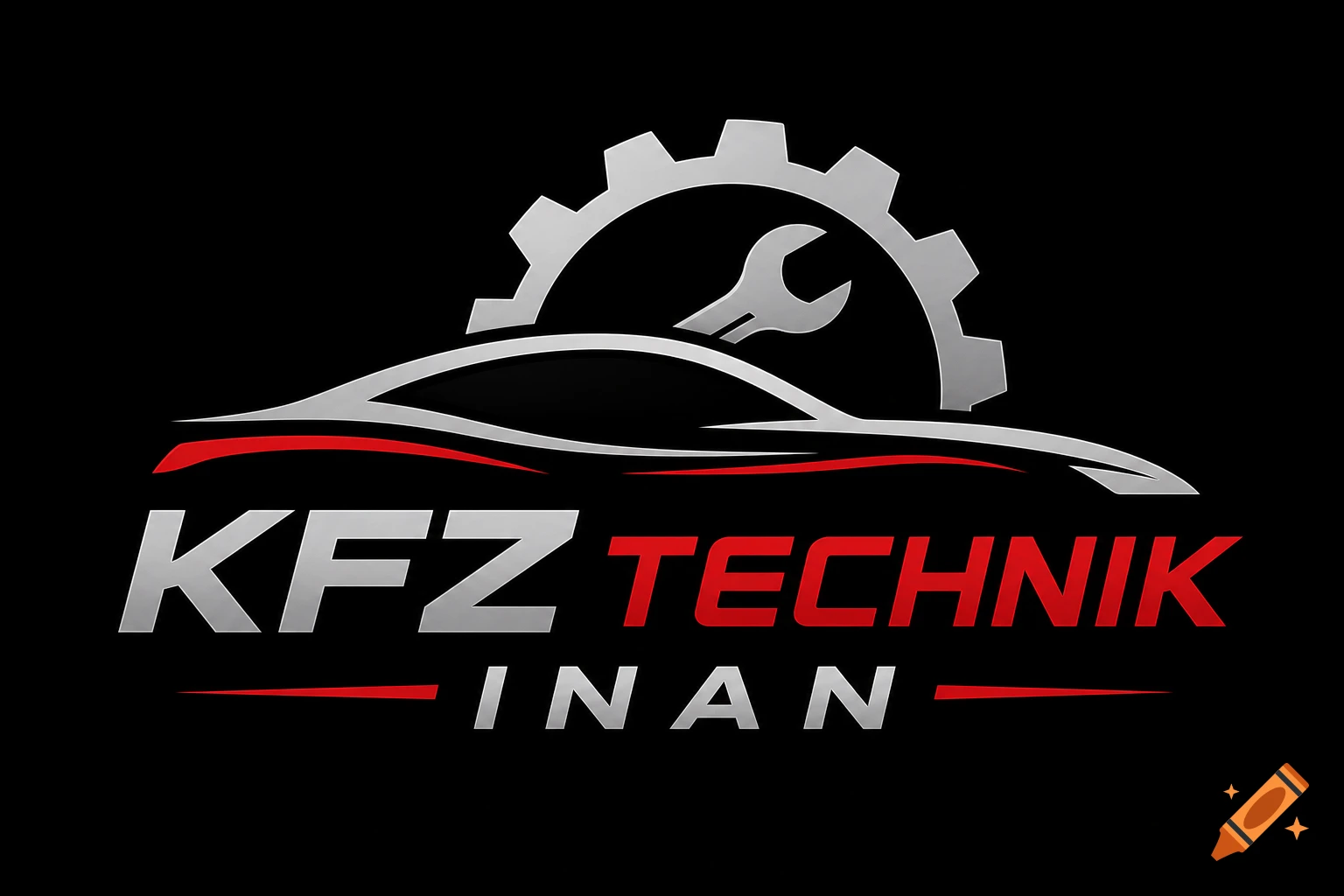 A modern logo for 'KFZ Technik Inan' featuring a silver car silhouette, gear, and wrench on a black background.
