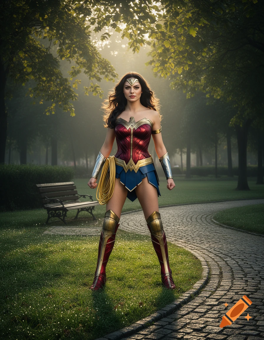 Photorealistic Wonder Woman stands confidently on a grassy path in a sunlit park.