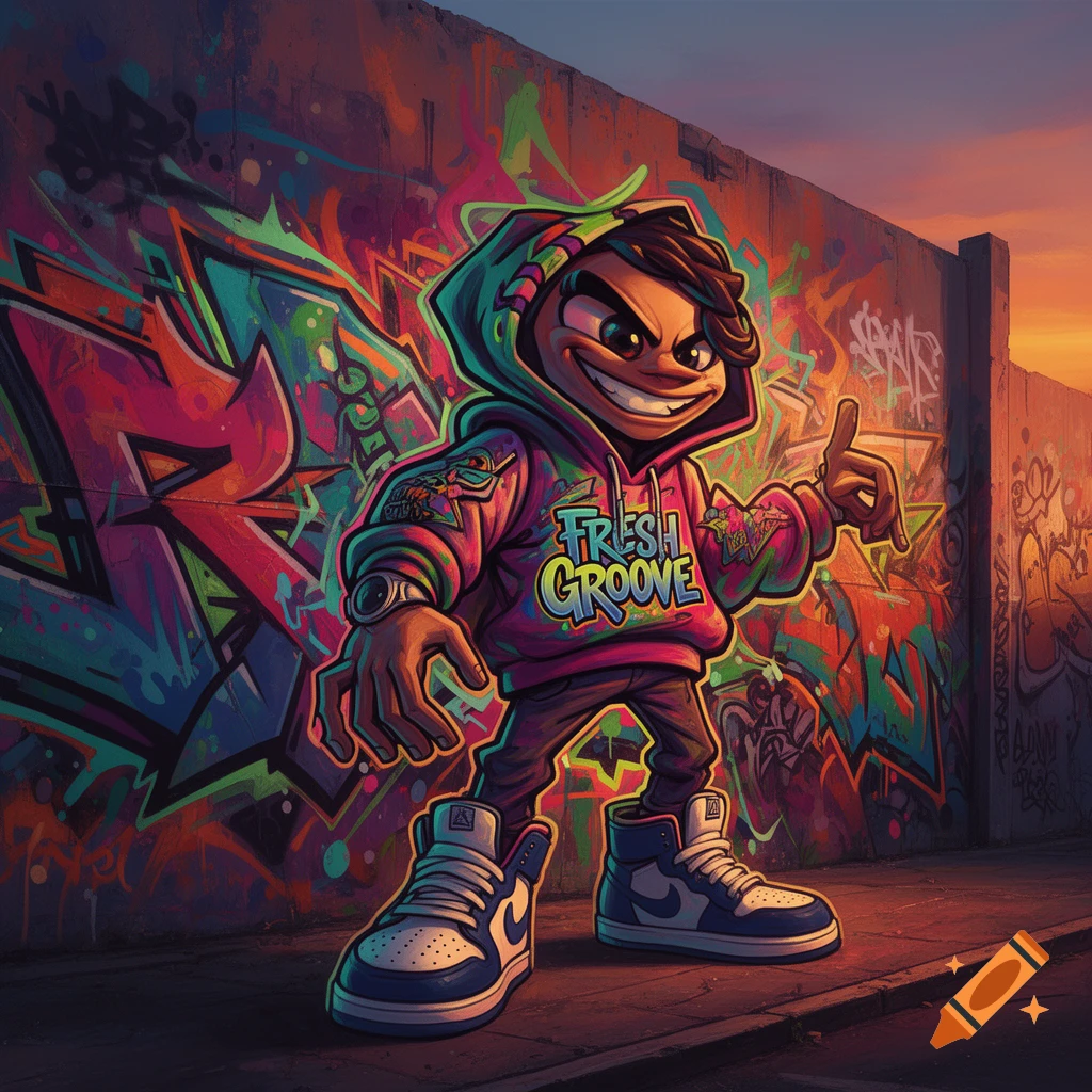 A grinning cartoon graffiti character in a hoodie and sneakers stands in front of a vibrant graffiti-covered wall at sunset.