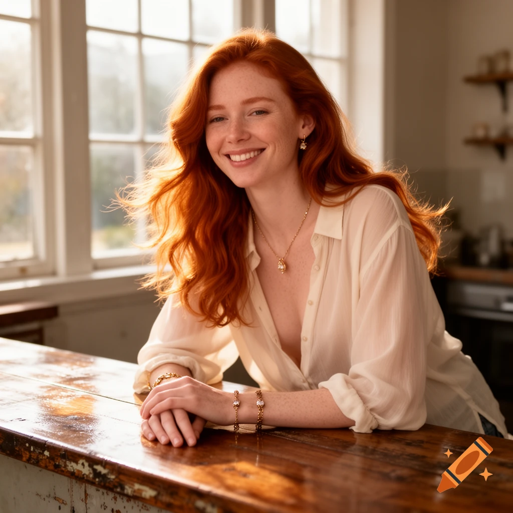 A smiling redhead woman with freckles, wearing a flowy blouse and jewelry, leans on a wooden counter in a sunny room.