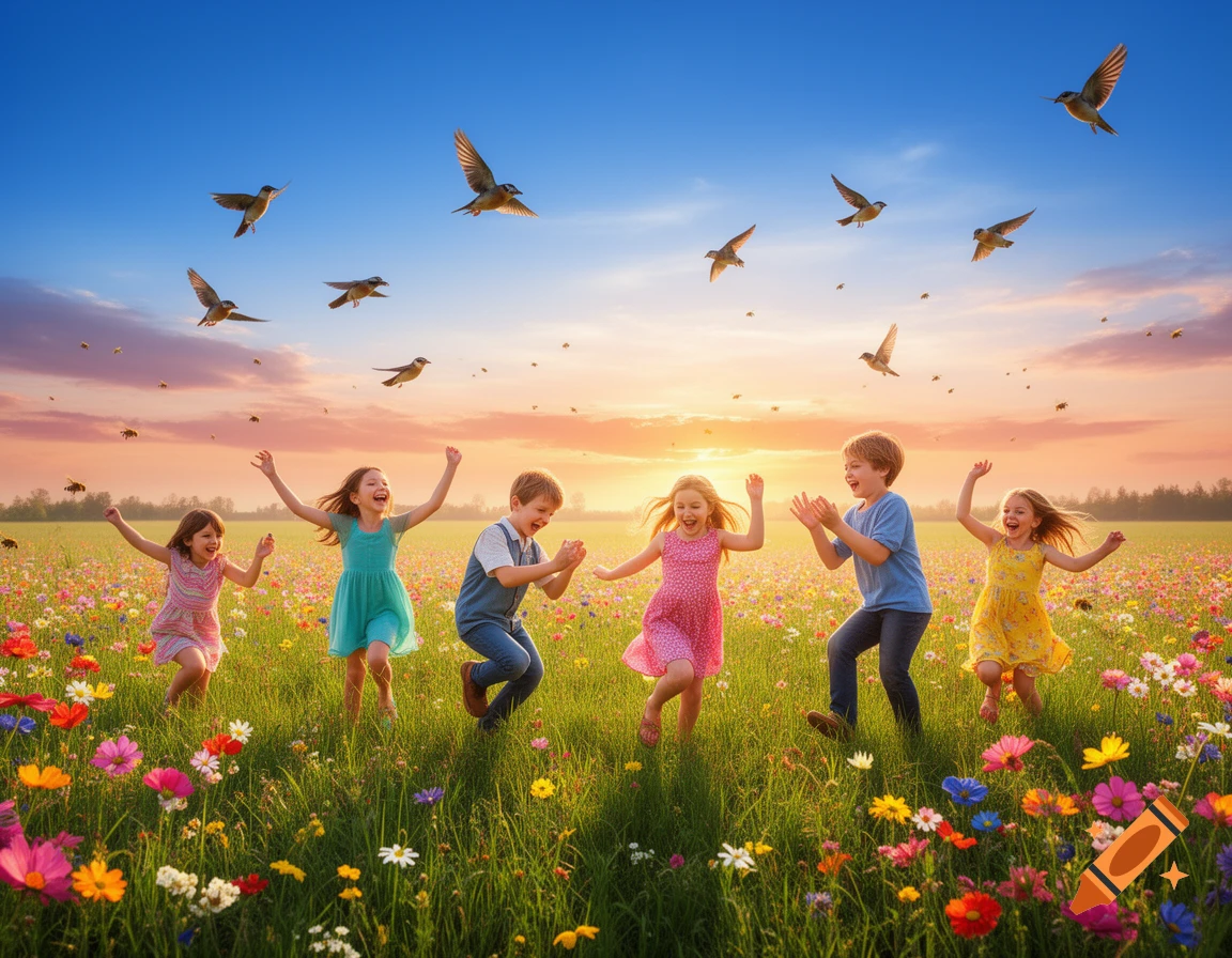 Joyful children laugh and jump in a vibrant flower field at sunset with birds and bees flying, photorealistic.