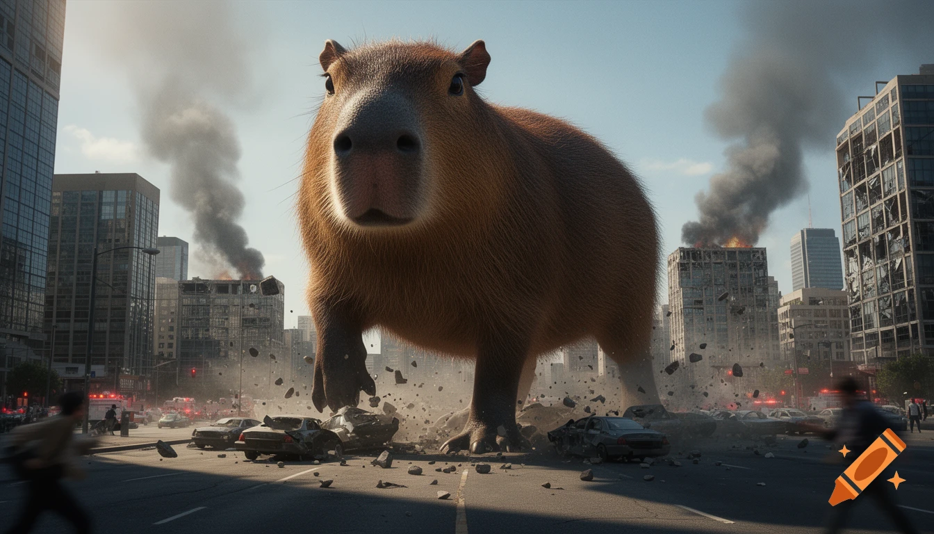 A giant photorealistic capybara stomps through a city, causing buildings to collapse and smoke to rise, with debris and fleeing people on the street.