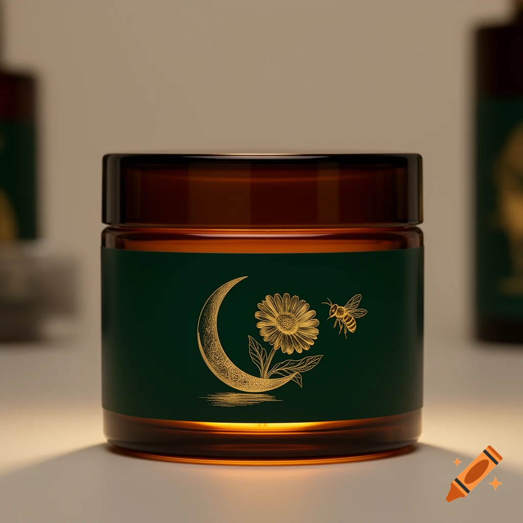 A close-up of an amber glass jar with a dark green label featuring gold line art of a crescent moon, a calendula flower, and a honey bee.
