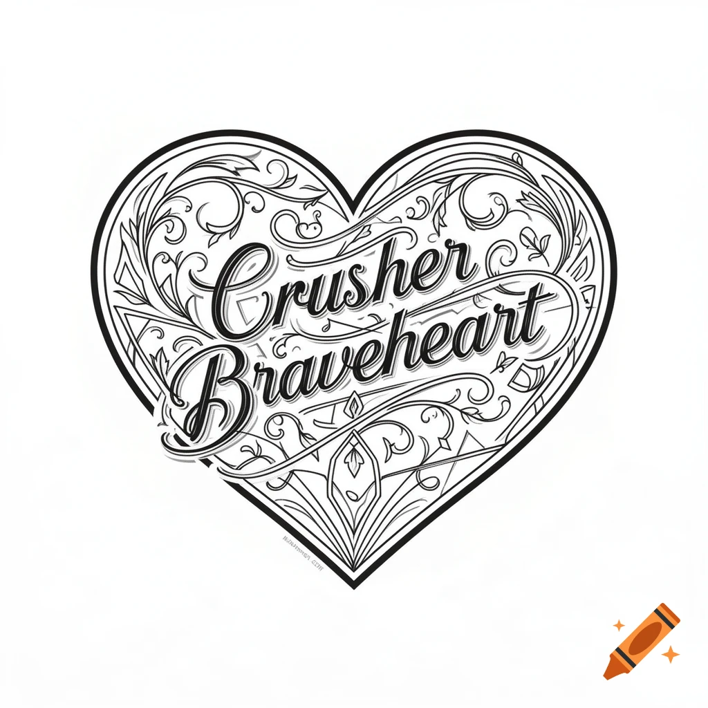 Black and white line art heart with 'Crusher Braveheart' in calligraphic text and floral scrollwork.