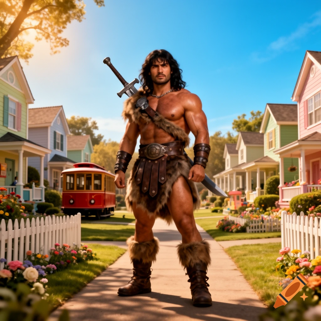 A muscular man in a barbarian costume with a sword stands on a suburban street with colorful houses and a red trolley in the background.