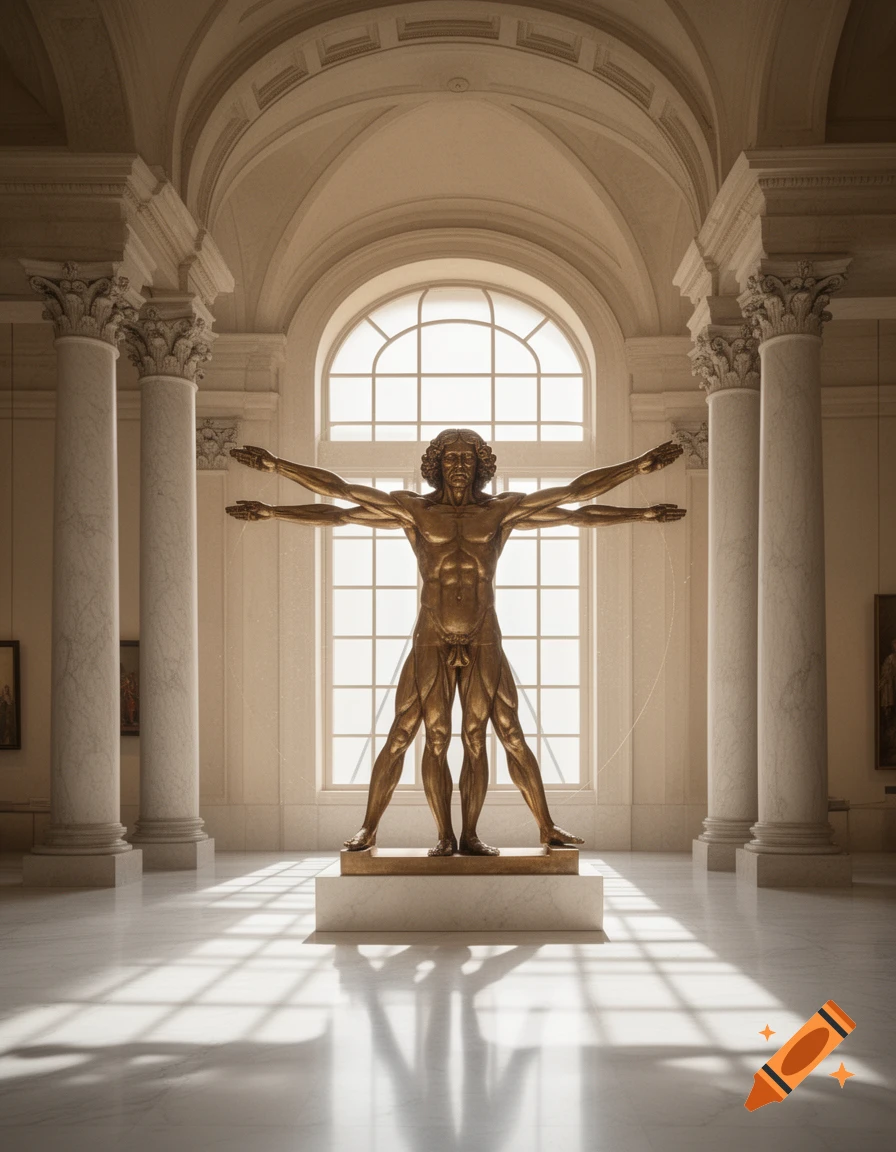 A golden statue resembling the Vitruvian Man stands in a grand, brightly lit museum hall with columns and arched windows.