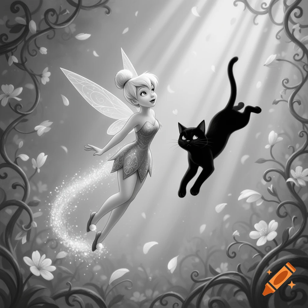 Tinkerbell and a black cat fly through a black and white enchanted forest with glowing sunlight.
