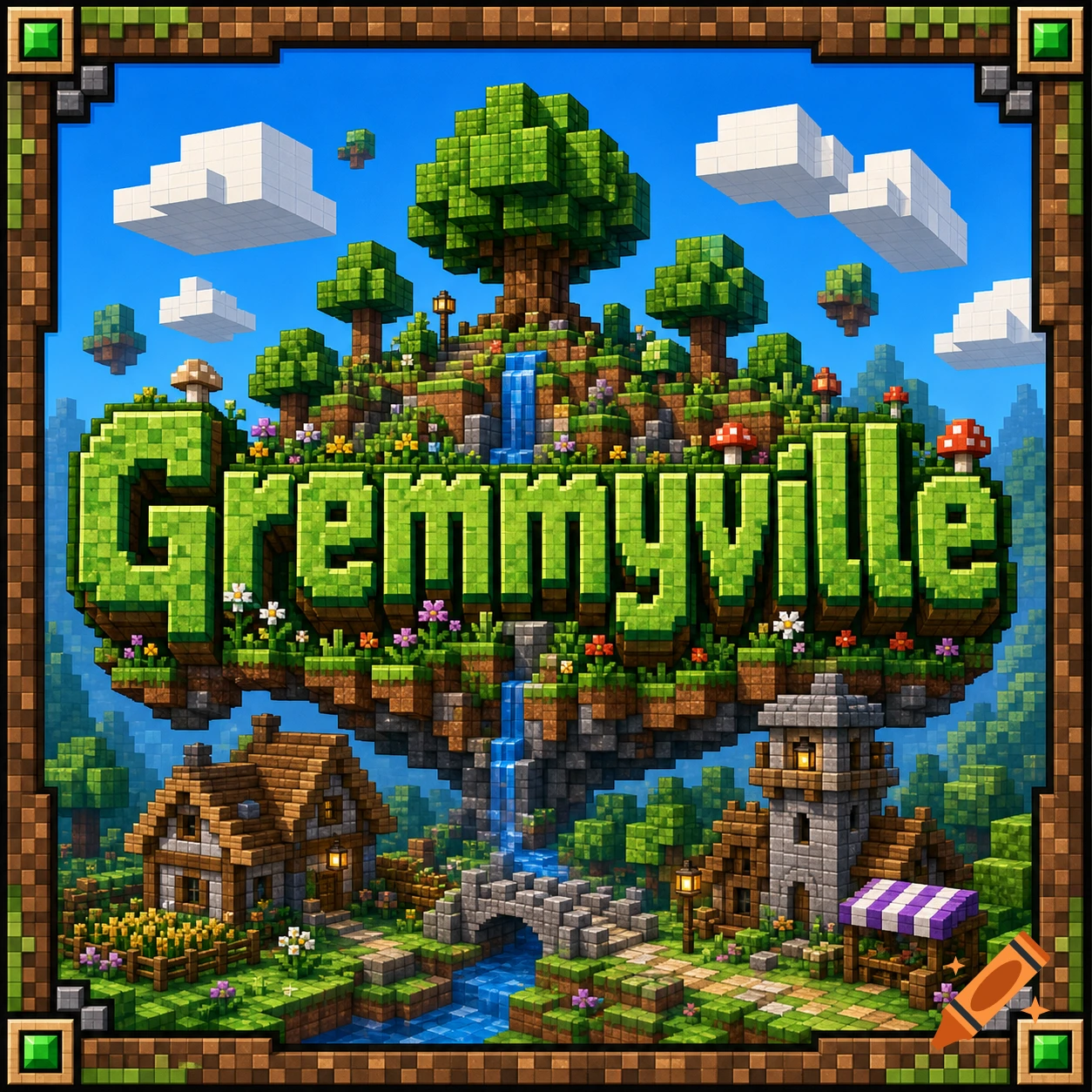 Blocky Minecraft-style floating island with the text Gremmyville, waterfalls, houses, and trees against a blue sky.