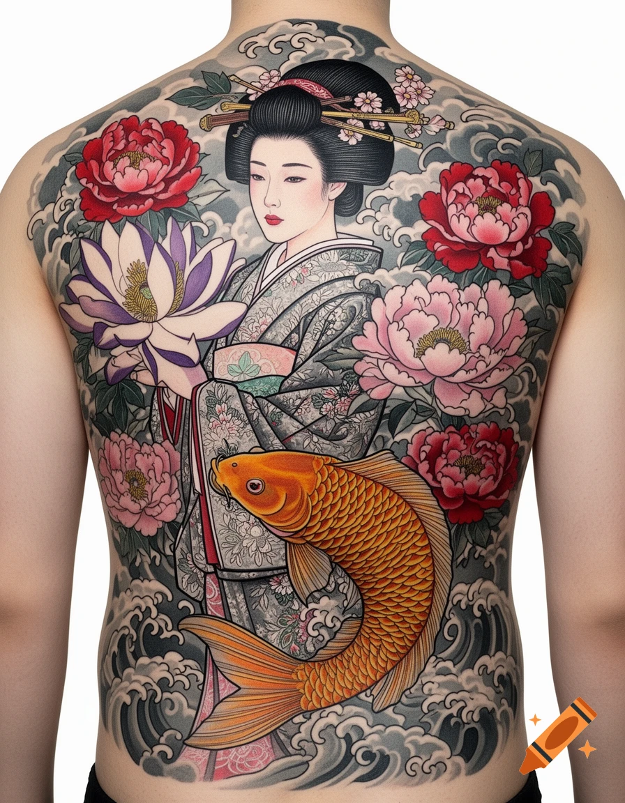 Full back tattoo in Japanese irezumi style depicting a geisha, a large orange koi fish, lotus flowers, and peonies amidst water waves.