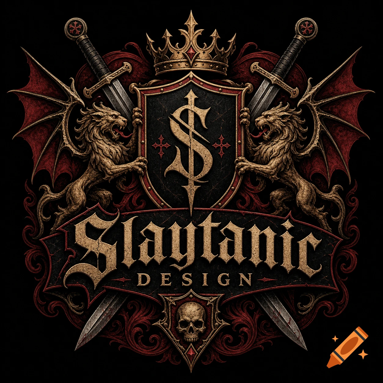 Ornate gothic coat of arms logo with winged lions, swords, crown, shield, and a skull, featuring the text 'Slaytanic DESIGN'.