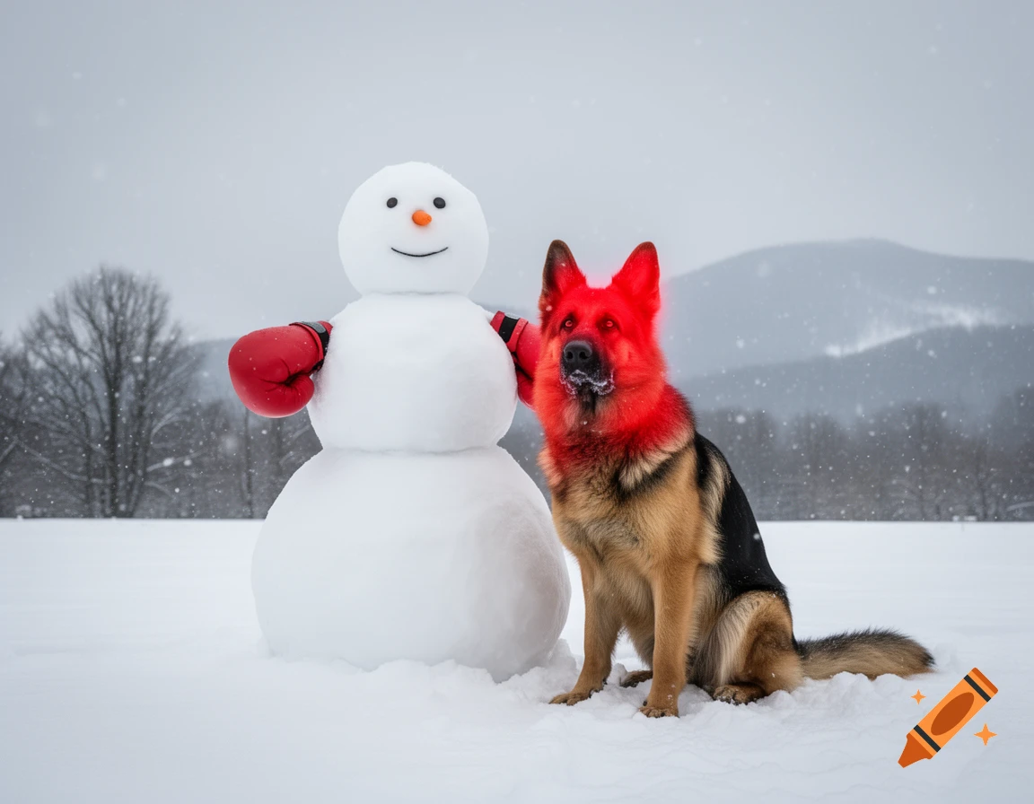 A snowman with red boxing gloves stands beside a German Shepherd with a glowing red head in a snowy, winter landscape.