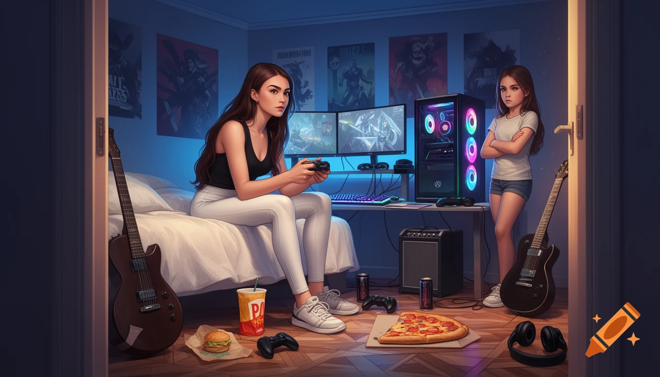 A detailed digital illustration of a young woman gaming on a PC in her blue-lit bedroom, with a younger girl watching and food on the floor.