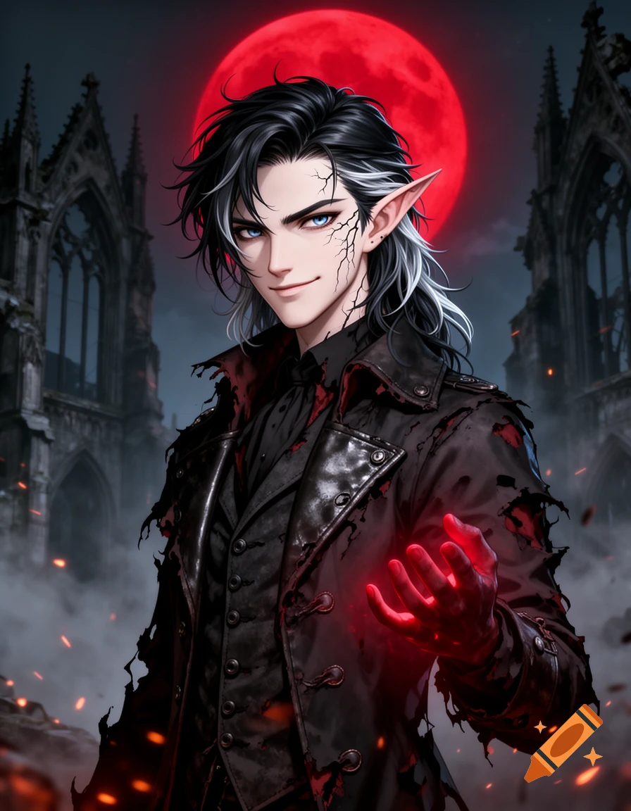 Anime portrait of a dark fantasy male vampire with elf ears, torn gothic coat, glowing red hand, in gothic ruins under a blood-red moon.