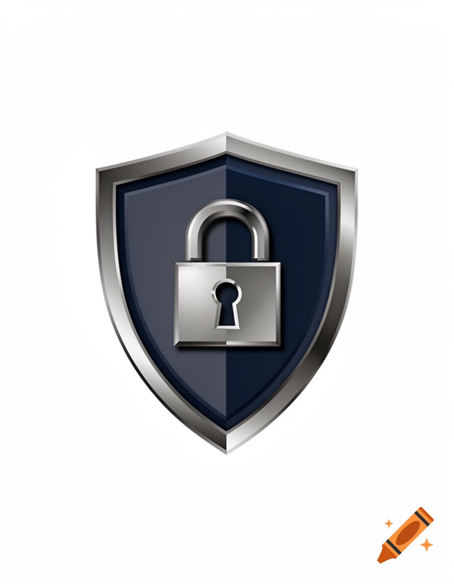 A metallic shield with a silver padlock icon against a white background.