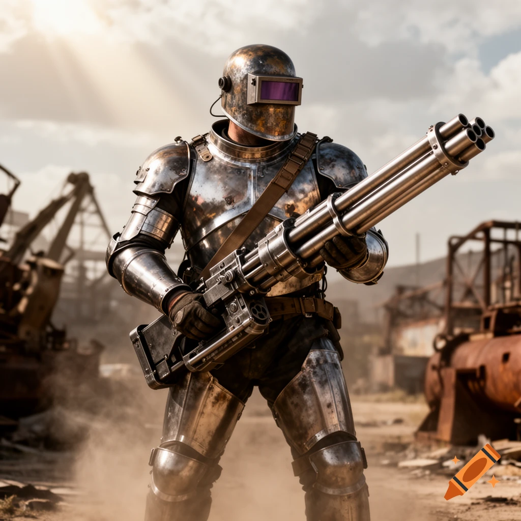 A person in gleaming metal armor and a welding mask holds a large gatling gun in a dusty, desolate junkyard.