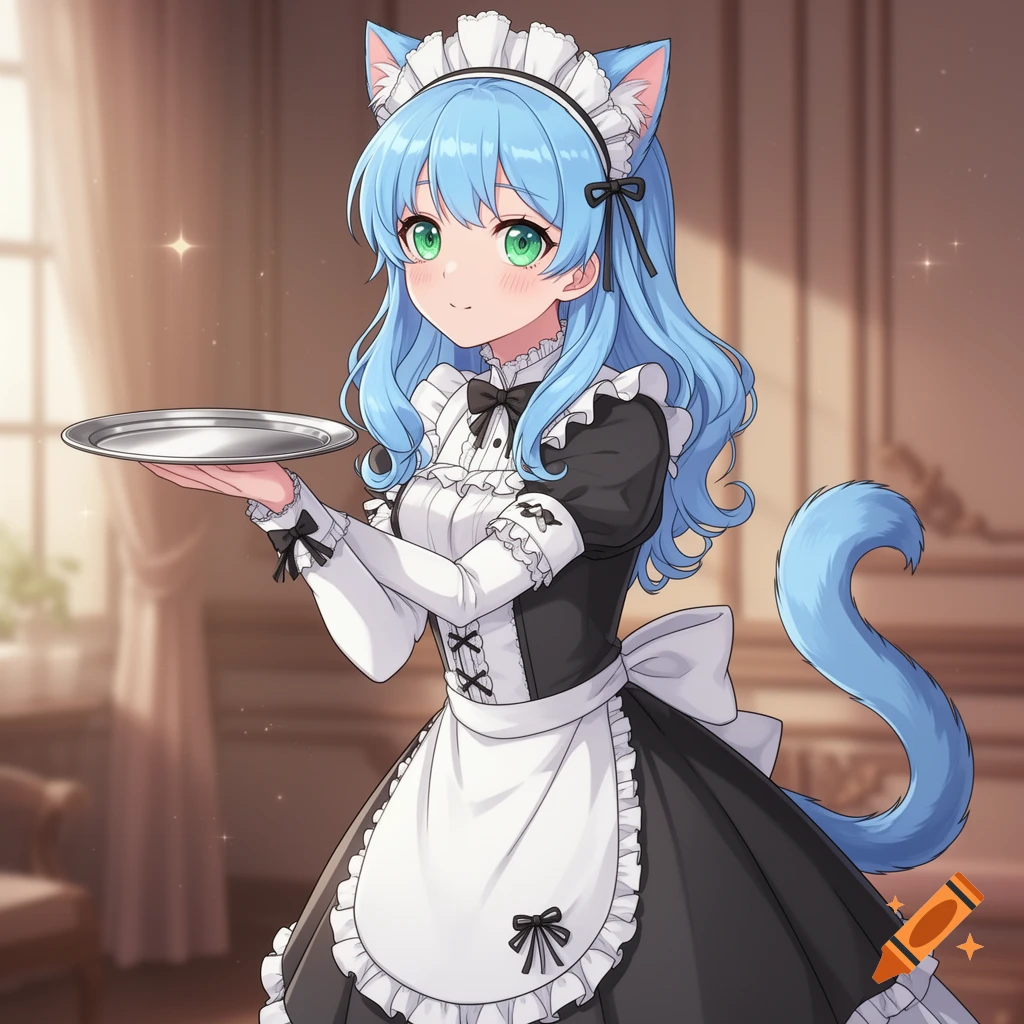 An anime cat girl with blue hair and green eyes, wearing a black and white maid outfit and holding a silver tray.