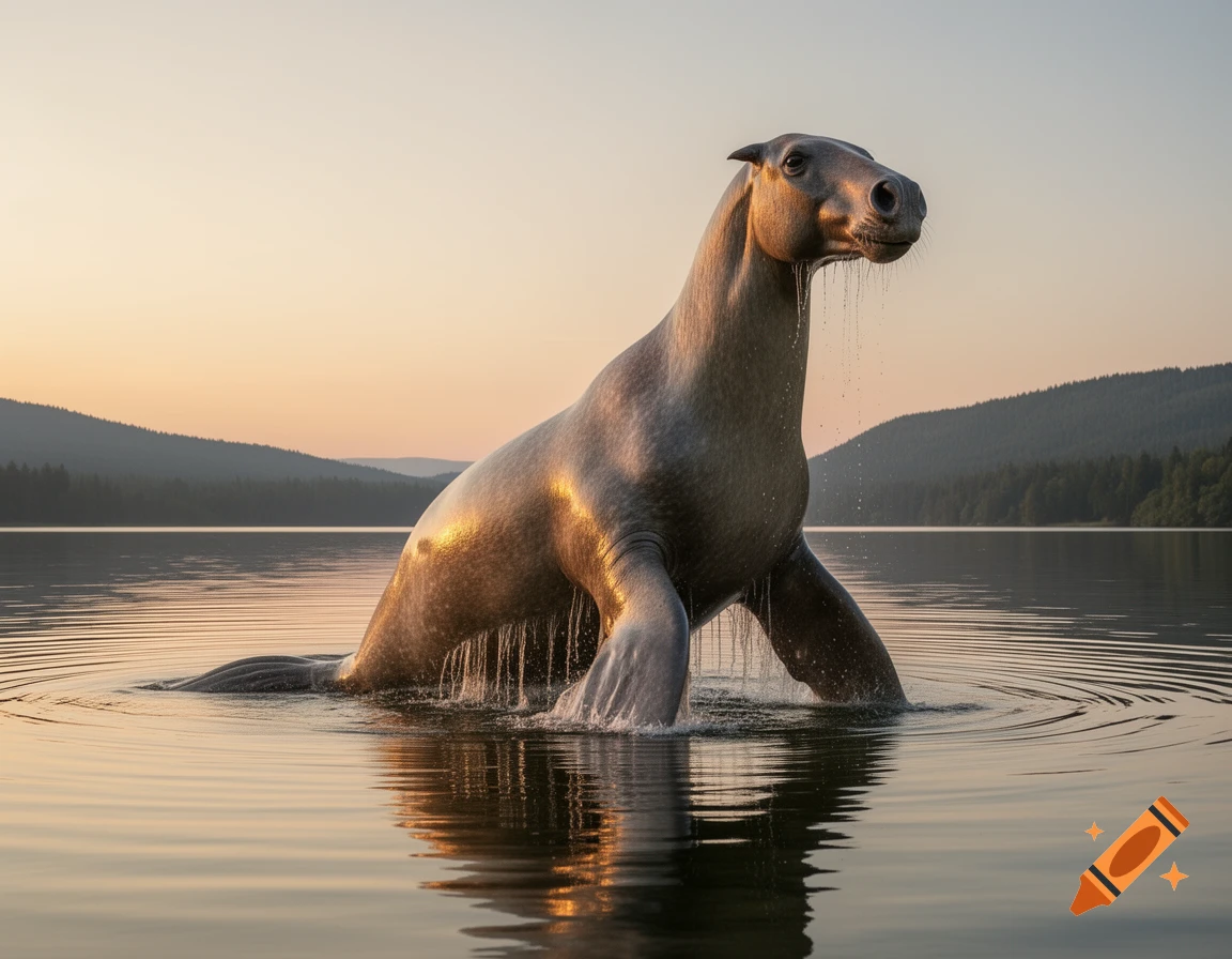 A photorealistic mythical creature with a horse head and seal flippers rises from a serene lake at sunset.