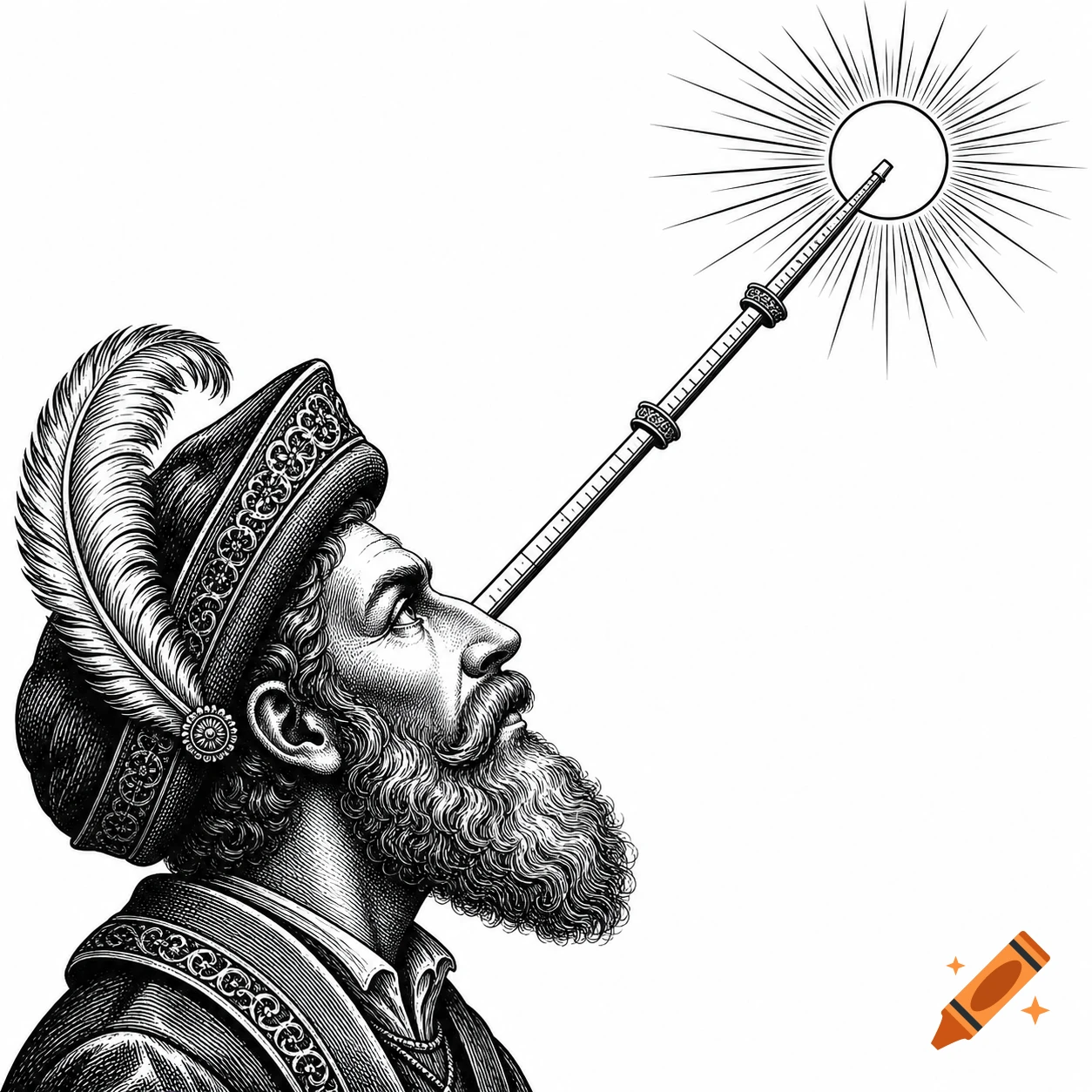 Black and white engraving of a bearded man in a feather hat, looking up at the sun with a Jacob's staff.