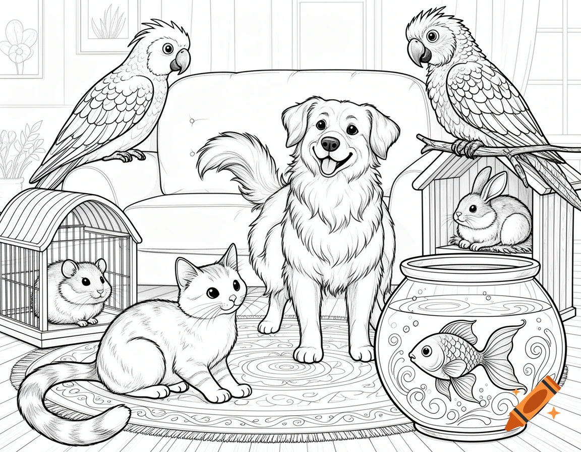 Black and white coloring page of domestic pets in a living room: two parrots, a dog, cat, hamster in a cage, rabbit in a hutch, and a goldfish in a bowl.