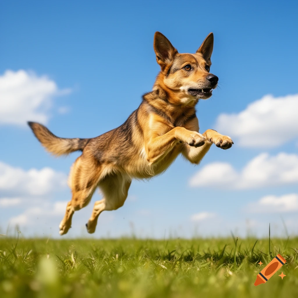 A photorealistic image of a brown and black dog leaping high over green grass under a clear blue sky with white clouds.