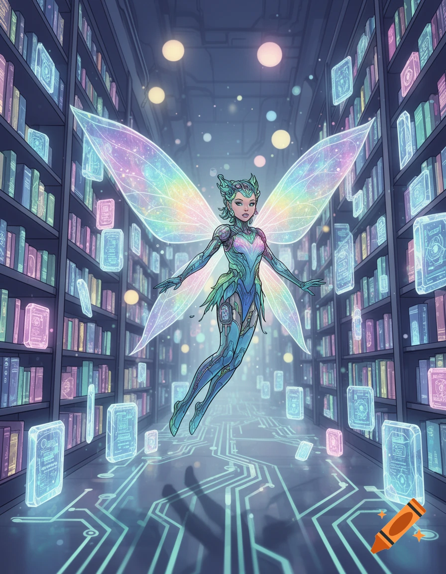 A vibrant, comic-style AI fairy with rainbow wings floats in a futuristic library with glowing books and circuit patterns.