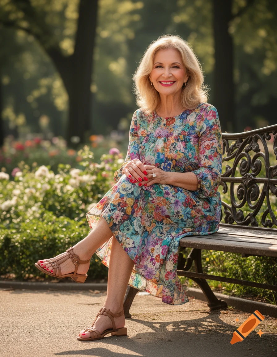 A smiling older woman with blonde hair, wearing a colorful floral dress and sandals, sits on a park bench.