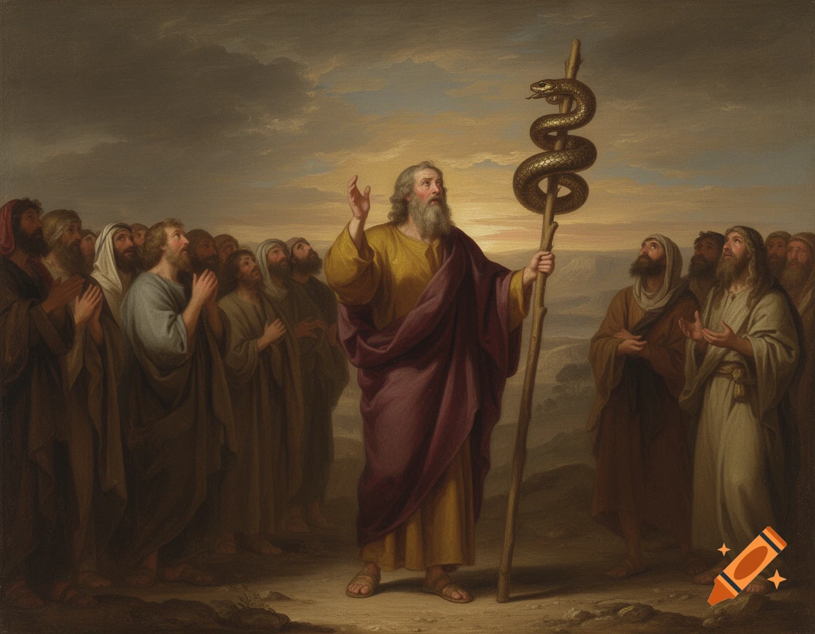 An antique-style painting depicts Moses holding a staff with a bronze serpent, surrounded by Israelites gazing upwards.