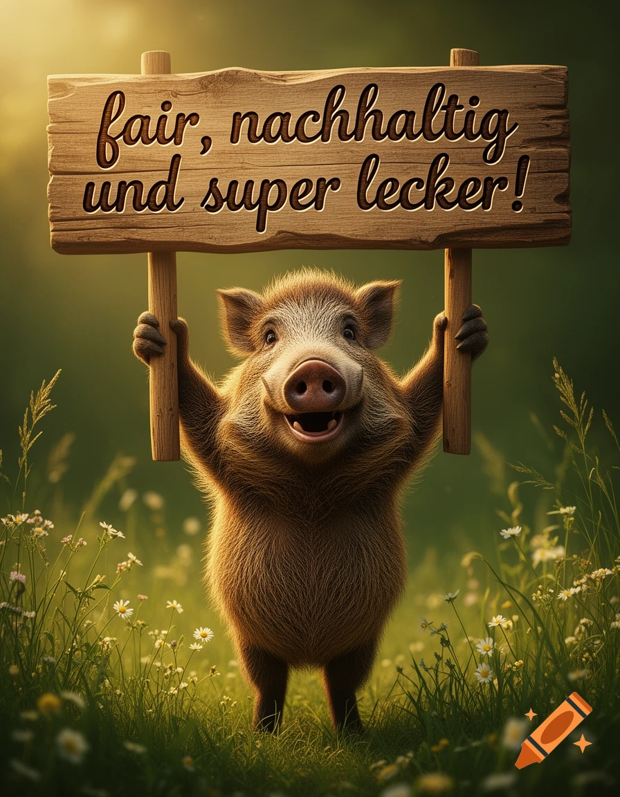 A happy, cartoonish wild boar stands in a grassy field, holding a wooden sign that reads 'fair, nachhaltig und super lecker!'.