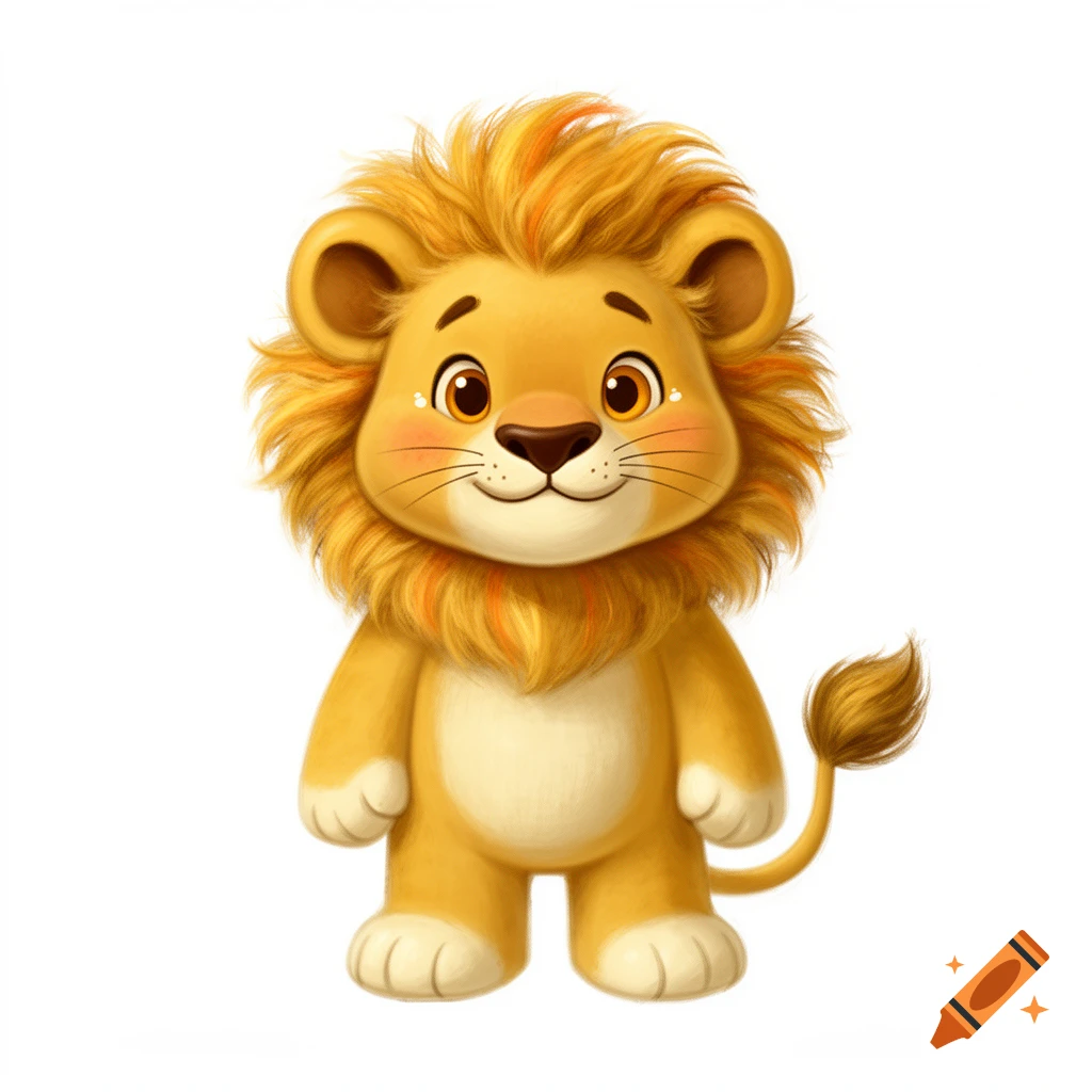 A cute, fluffy cartoon lion cub with a golden mane and creamy chest stands smiling on a white background.