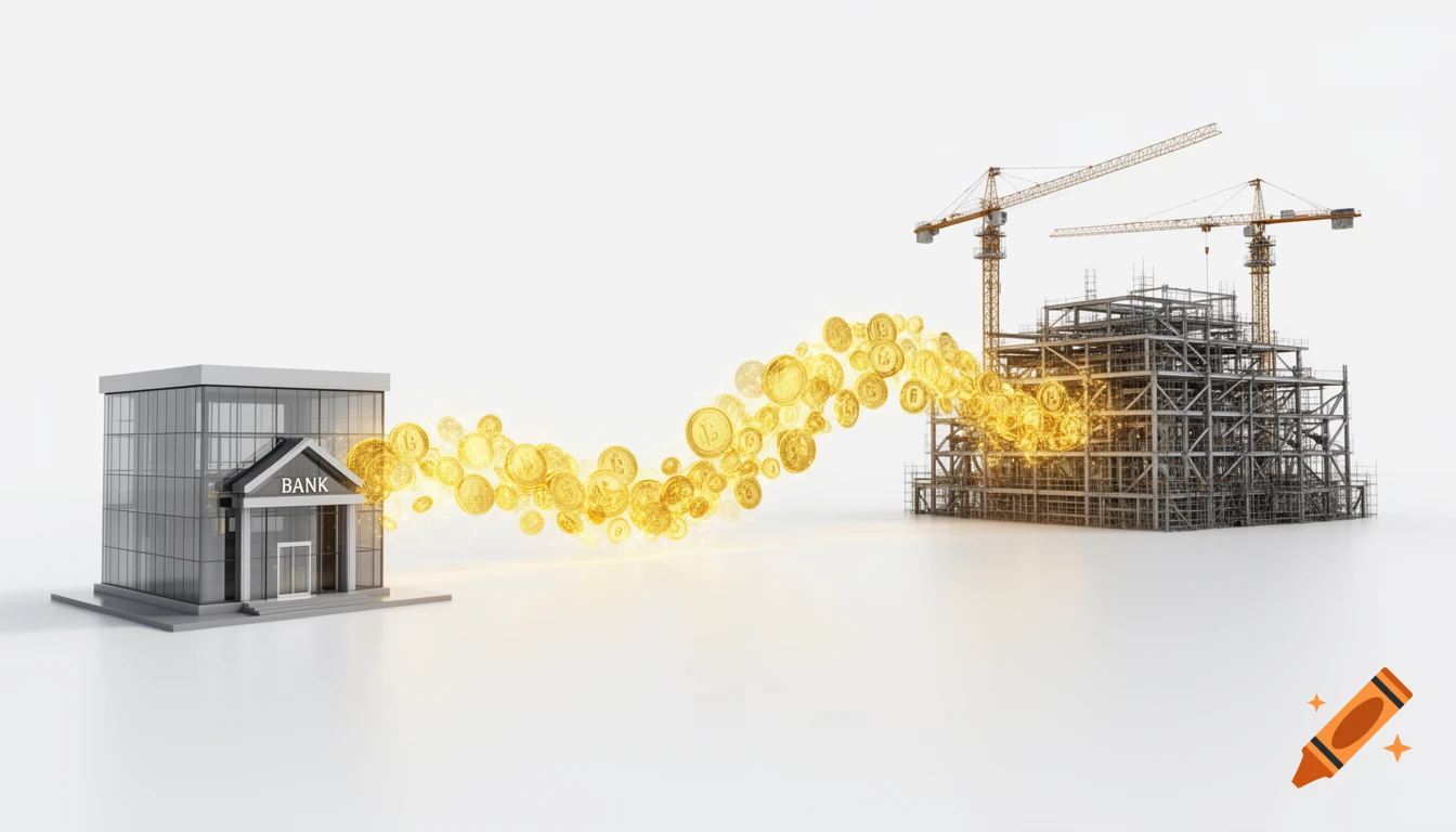 Minimalist 3D illustration of a bank building with glowing gold coins flowing into a factory under construction with cranes.