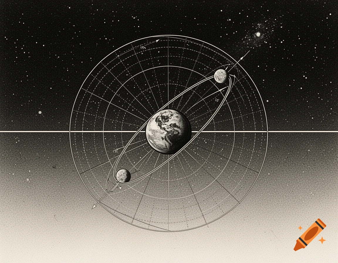 Detailed black and white illustration of Earth, Moon, and their orbits within a celestial grid against a starry background.